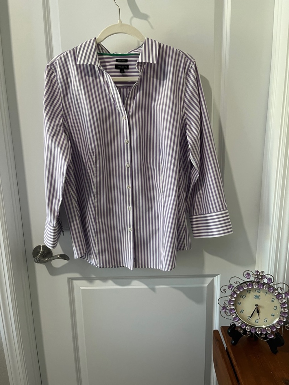 Talbots Lavender and White Striped Button Up Shirt Wrinkle Resistant NWOT SZ 12
